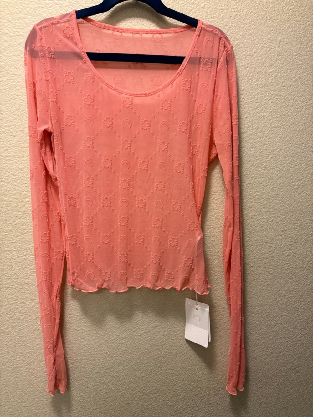 Marine Serre Coral Pink Long Sleeve Scoop Neck Mesh Top